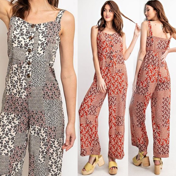 NEW Mix Floral Patch Print Button Front Jumpsuits - Picture 9 of 10